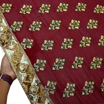 Indian Vintage Heavy Bridal Dupatta Maroon Pure Georgette Silk Long Stole Hand Embroidered Scarf Zardozi/Dabka Zari Wedding/Party Dupatta