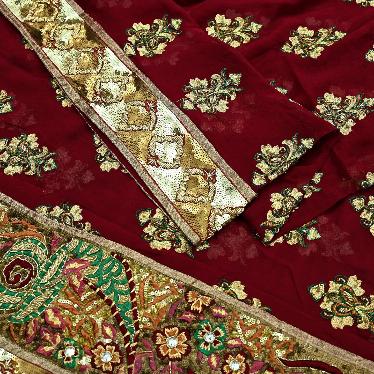 Indian Vintage Heavy Bridal Dupatta Maroon Pure Georgette Silk Long Stole Hand Embroidered Scarf Zardozi/Dabka Zari Wedding/Party Dupatta