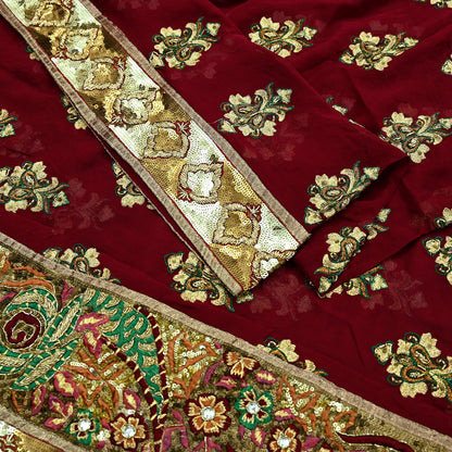 Indian Vintage Heavy Bridal Dupatta Maroon Pure Georgette Silk Long Stole Hand Embroidered Scarf Zardozi/Dabka Zari Wedding/Party Dupatta