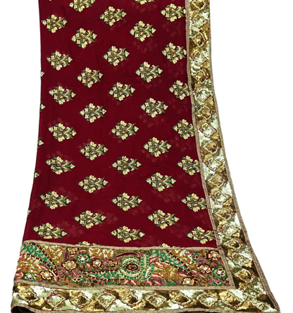 Indian Vintage Heavy Bridal Dupatta Maroon Pure Georgette Silk Long Stole Hand Embroidered Scarf Zardozi/Dabka Zari Wedding/Party Dupatta