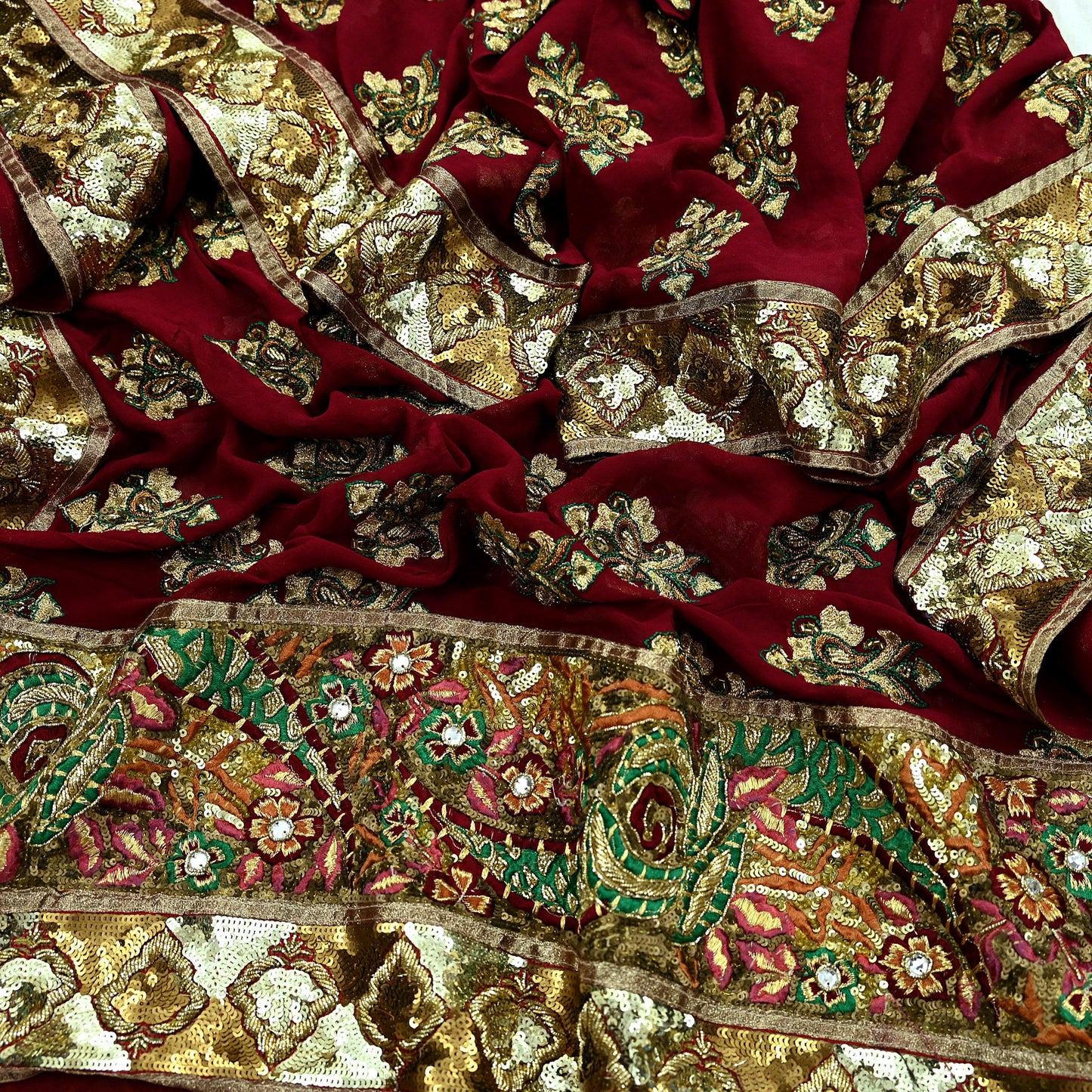 Indian Vintage Heavy Bridal Dupatta Maroon Pure Georgette Silk Long Stole Hand Embroidered Scarf Zardozi/Dabka Zari Wedding/Party Dupatta