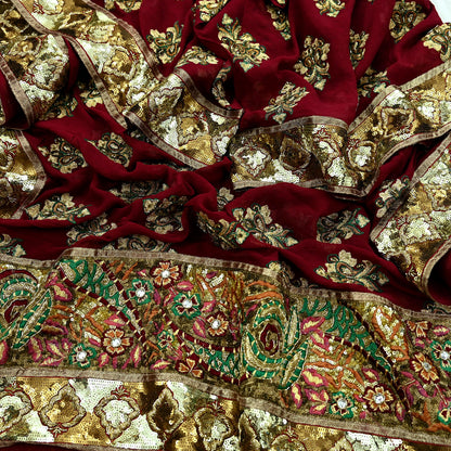 Indian Vintage Heavy Bridal Dupatta Maroon Pure Georgette Silk Long Stole Hand Embroidered Scarf Zardozi/Dabka Zari Wedding/Party Dupatta