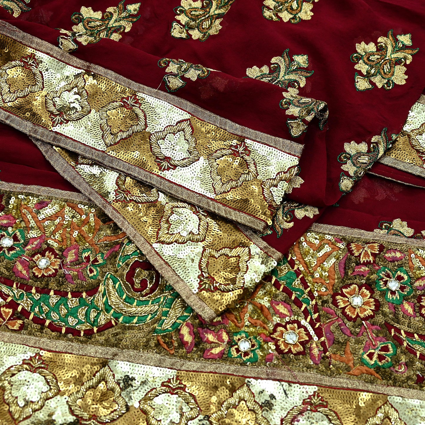 Indian Vintage Heavy Bridal Dupatta Maroon Pure Georgette Silk Long Stole Hand Embroidered Scarf Zardozi/Dabka Zari Wedding/Party Dupatta
