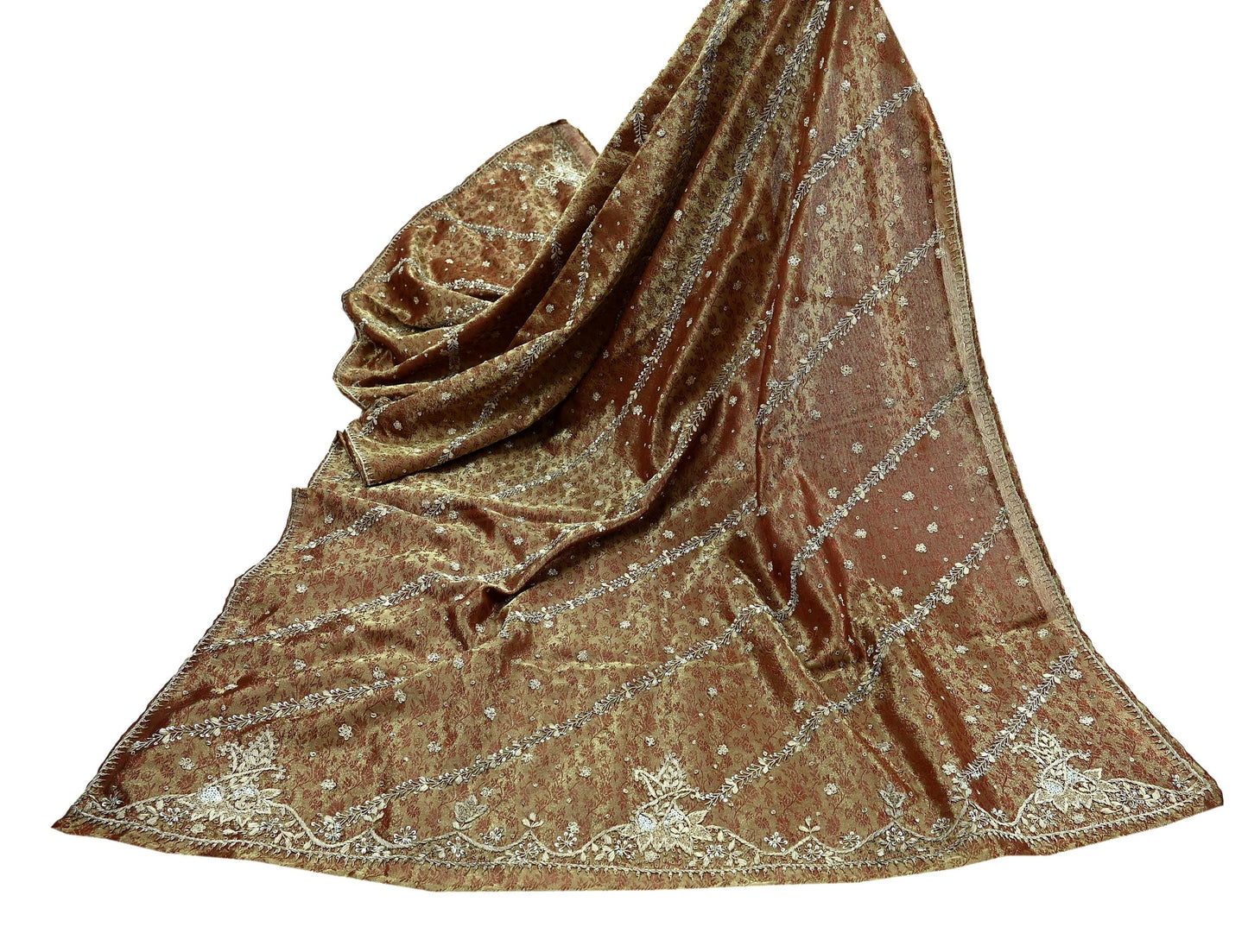Indian Vintage Heavy Bridal Dupatta Golden Maroon Pure Tissue Silk Long Stole Hand Embroidered Scarves Zari Zardozi/Dabka Wedding Hijab