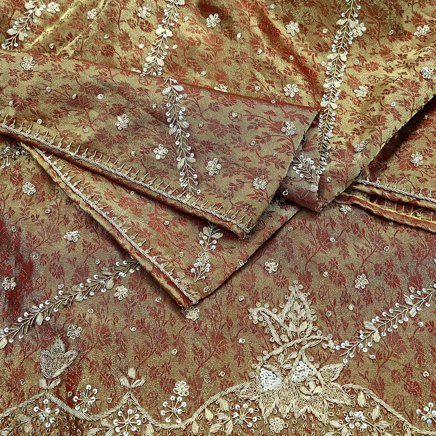 Indian Vintage Heavy Bridal Dupatta Golden Maroon Pure Tissue Silk Long Stole Hand Embroidered Scarves Zari Zardozi/Dabka Wedding Hijab