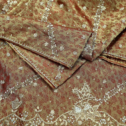 Indian Vintage Heavy Bridal Dupatta Golden Maroon Pure Tissue Silk Long Stole Hand Embroidered Scarves Zari Zardozi/Dabka Wedding Hijab