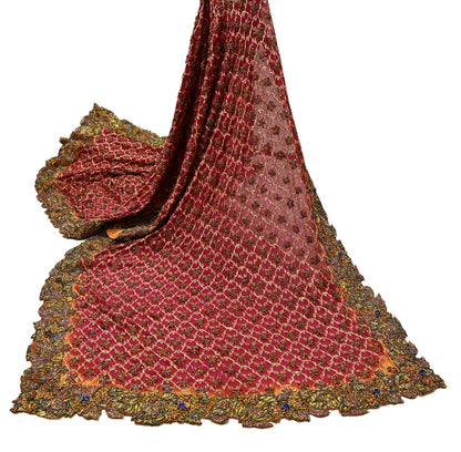 Indian Vintage Heavy Pink Dupatta Pure Silk Long Stole Hand Embroidered Scarves Dabka Zardozi Zari Stole Wedding Bridal Dupatta Veil
