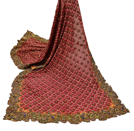 Indian Vintage Heavy Pink Dupatta Pure Silk Long Stole Hand Embroidered Scarves Dabka Zardozi Zari Stole Wedding Bridal Dupatta Veil