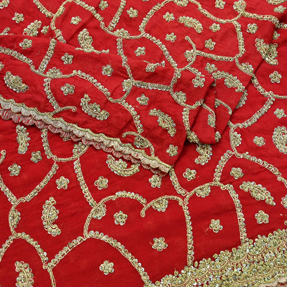 Indian Vintage Red Dupatta Pure Chiffon silk Long Stole Hand Embroidered Scarves Floral Design Stole Veil Wrap Zari Zardozi