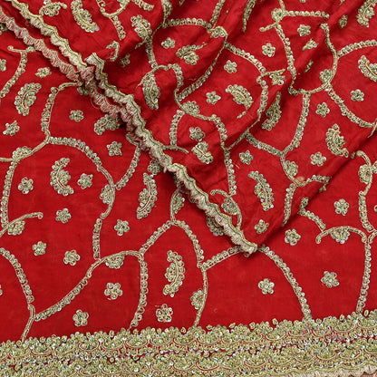 Indian Vintage Red Dupatta Pure Chiffon silk Long Stole Hand Embroidered Scarves Floral Design Stole Veil Wrap Zari Zardozi