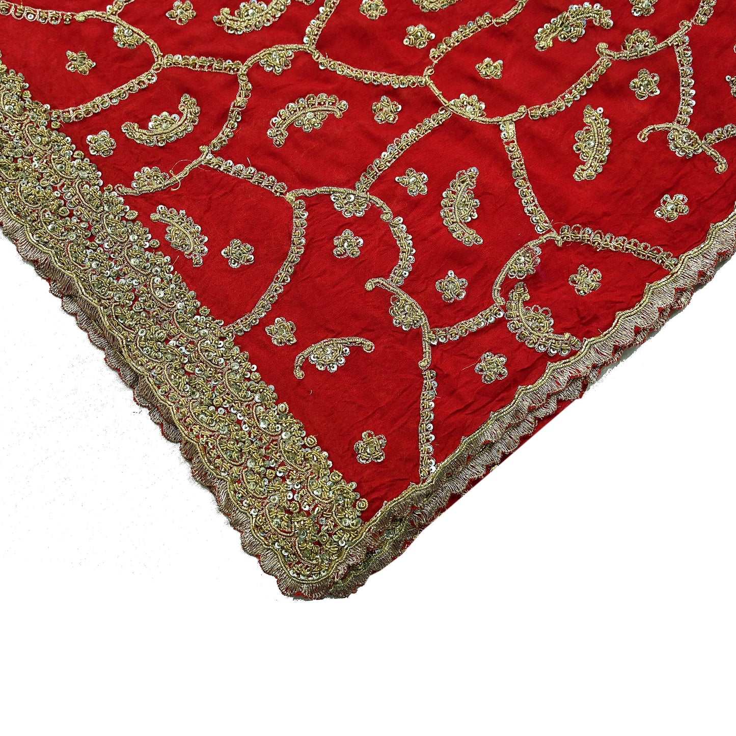 Indian Vintage Red Dupatta Pure Chiffon silk Long Stole Hand Embroidered Scarves Floral Design Stole Veil Wrap Zari Zardozi