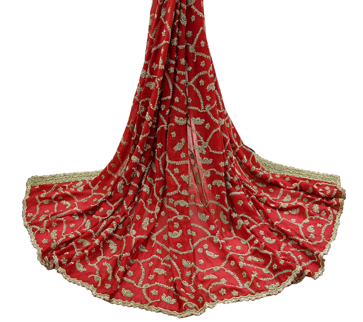 Indian Vintage Red Dupatta Pure Chiffon silk Long Stole Hand Embroidered Scarves Floral Design Stole Veil Wrap Zari Zardozi