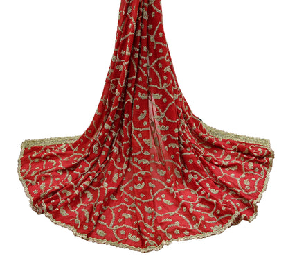 Indian Vintage Red Dupatta Pure Chiffon silk Long Stole Hand Embroidered Scarves Floral Design Stole Veil Wrap Zari Zardozi