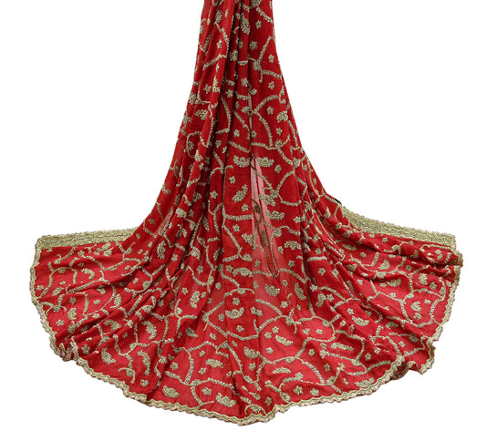 Indian Vintage Red Dupatta Pure Chiffon silk Long Stole Hand Embroidered Scarves Floral Design Stole Veil Wrap Zari Zardozi