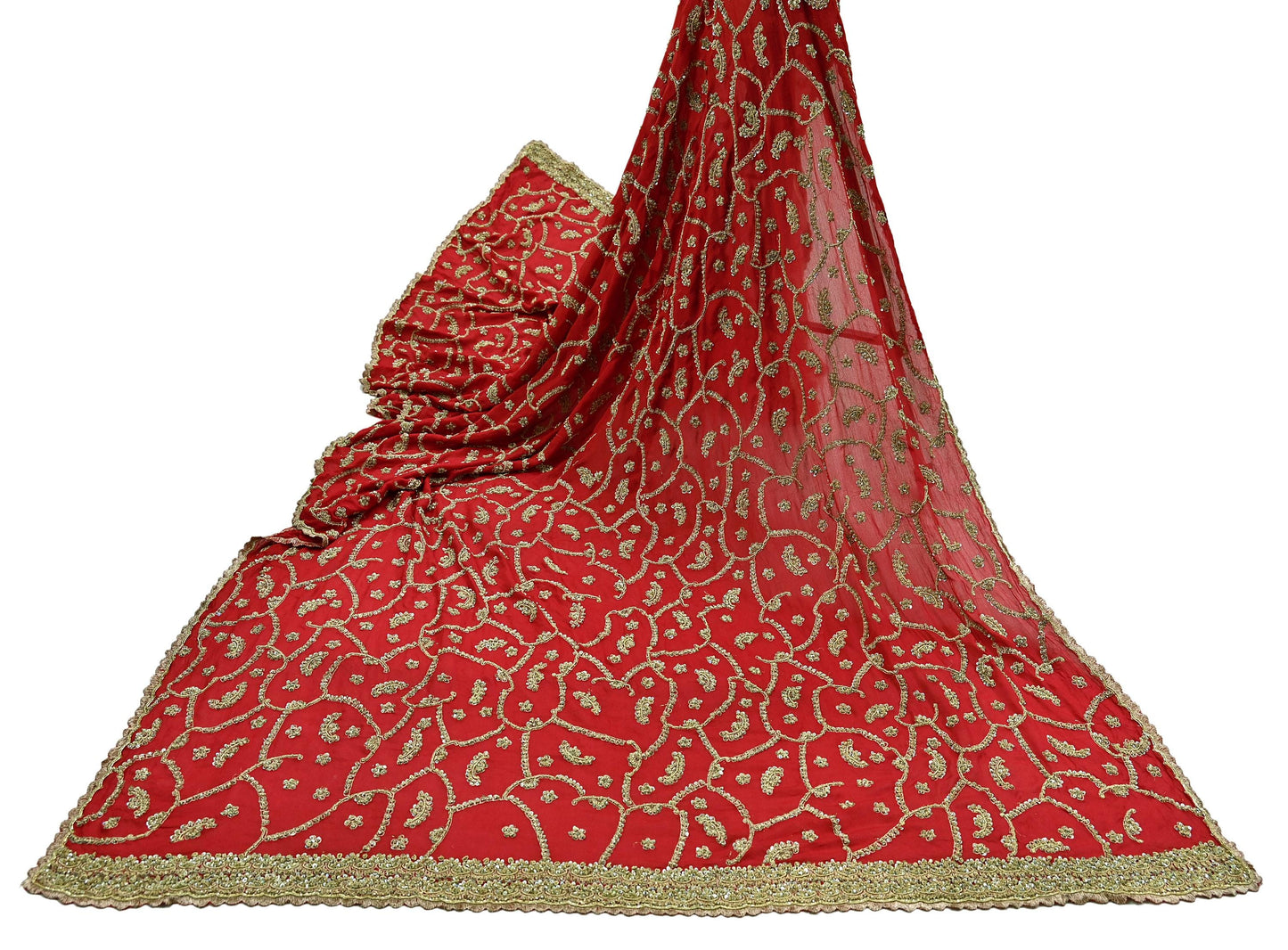 Indian Vintage Red Dupatta Pure Chiffon silk Long Stole Hand Embroidered Scarves Floral Design Stole Veil Wrap Zari Zardozi