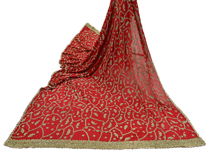 Indian Vintage Red Dupatta Pure Chiffon silk Long Stole Hand Embroidered Scarves Floral Design Stole Veil Wrap Zari Zardozi