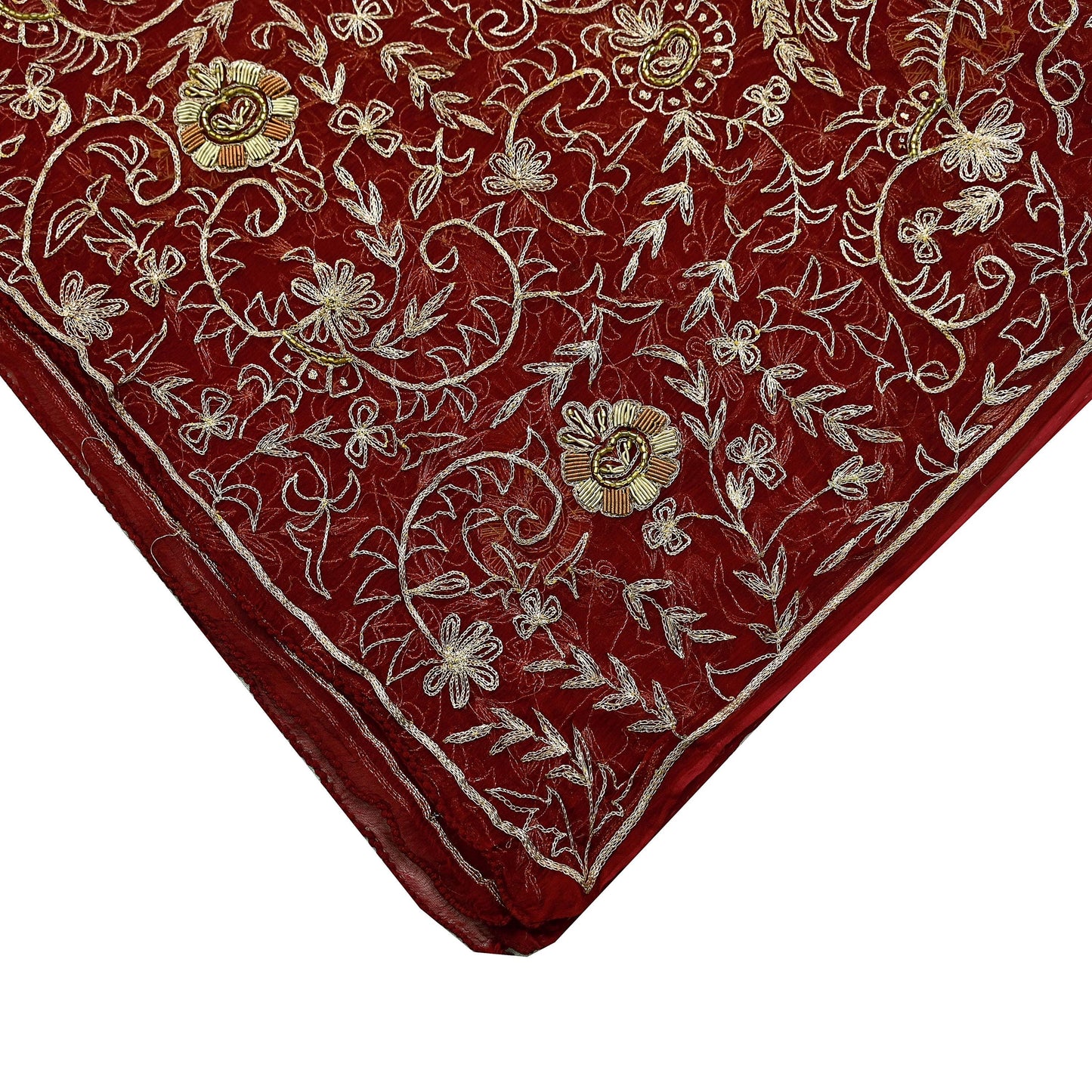 Indian Vintage Heavy Maroon Dupatta Pure Chiffon silk Long Stole Hand Embroidered Scarves Floral Design Stole Veil Wrap Zari Zardozi