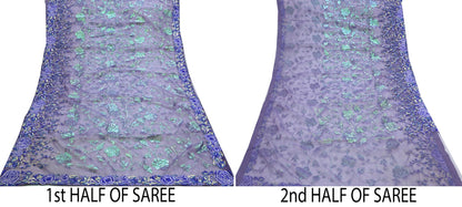 Indian Vintage Heavy Sari Purple Net/Mesh Embroidered Sarees Fabric 5Yd Sewing Soft Floral Craft Fabric Dress making Crafting Bollywood sari