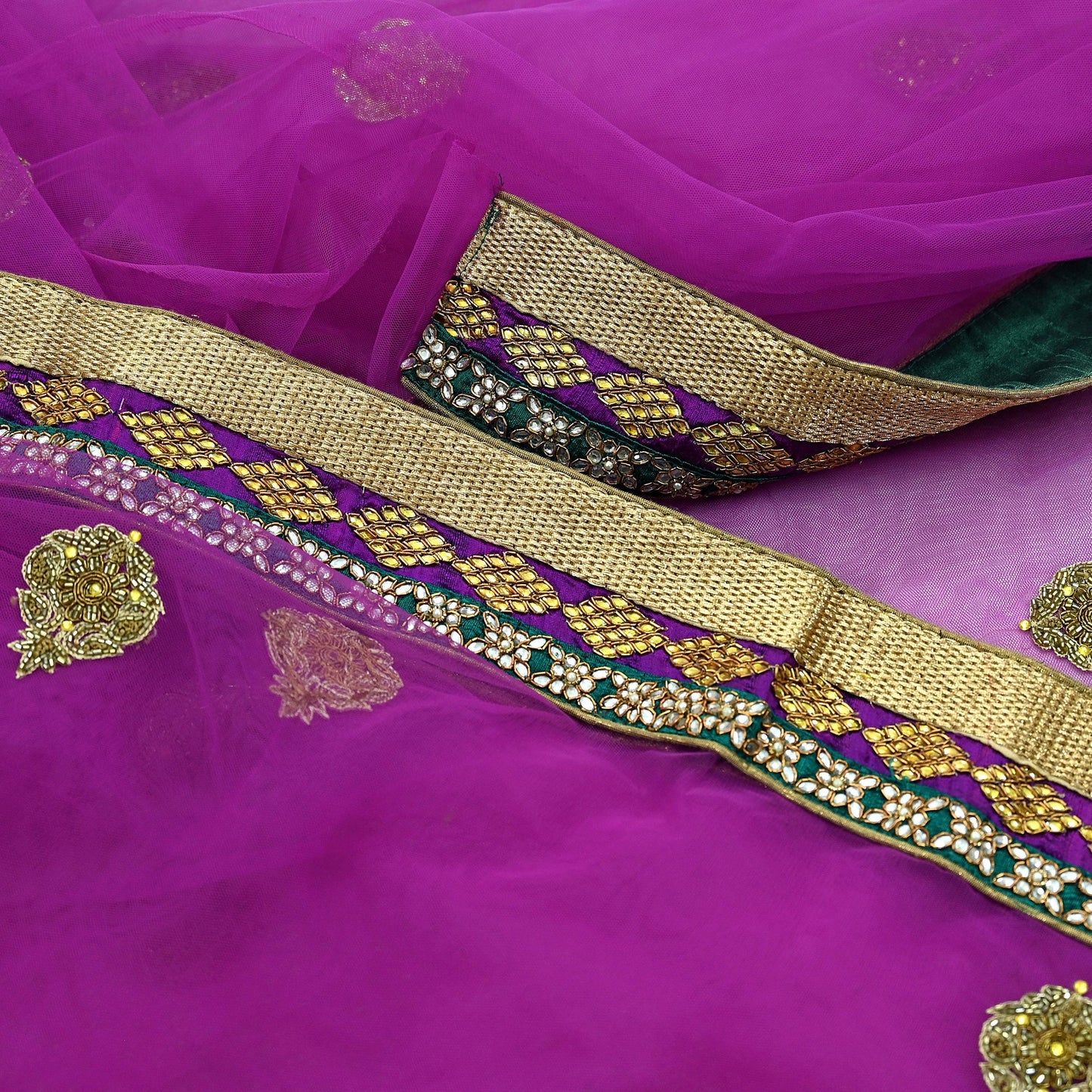 Indian Vintage Purple Net Saree | Heavy Hand Embroidery |5 Yards Soft Mesh Fabric | Includes Blouse & Ideal for Crafting Wedding Wear