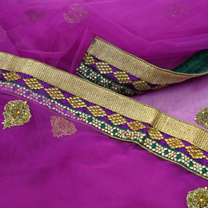 Indian Vintage Purple Net Saree | Heavy Hand Embroidery |5 Yards Soft Mesh Fabric | Includes Blouse & Ideal for Crafting Wedding Wear