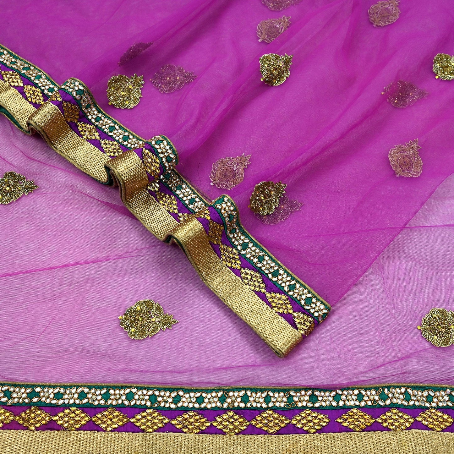 Indian Vintage Purple Net Saree | Heavy Hand Embroidery |5 Yards Soft Mesh Fabric | Includes Blouse & Ideal for Crafting Wedding Wear