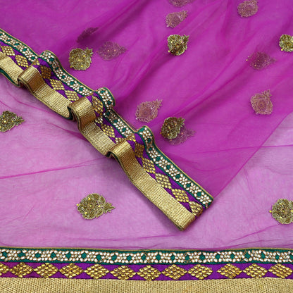Indian Vintage Purple Net Saree | Heavy Hand Embroidery |5 Yards Soft Mesh Fabric | Includes Blouse & Ideal for Crafting Wedding Wear