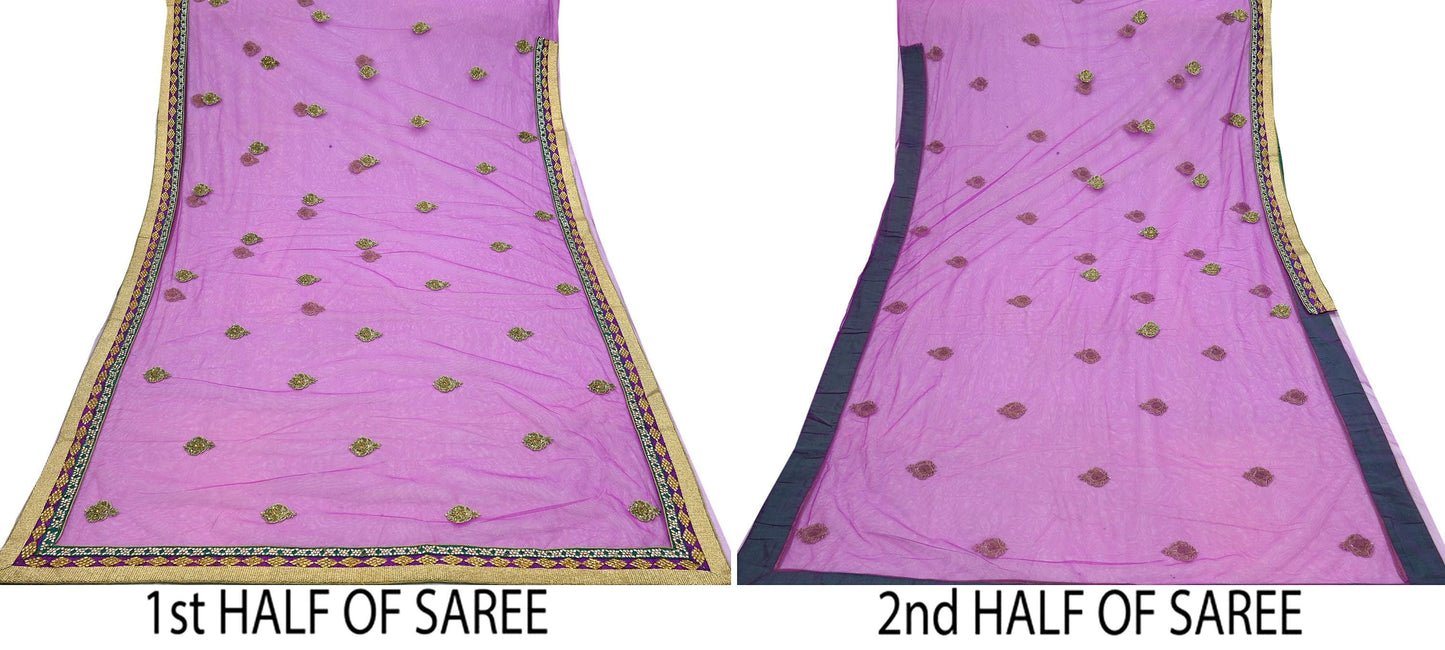 Indian Vintage Purple Net Saree | Heavy Hand Embroidery |5 Yards Soft Mesh Fabric | Includes Blouse & Ideal for Crafting Wedding Wear