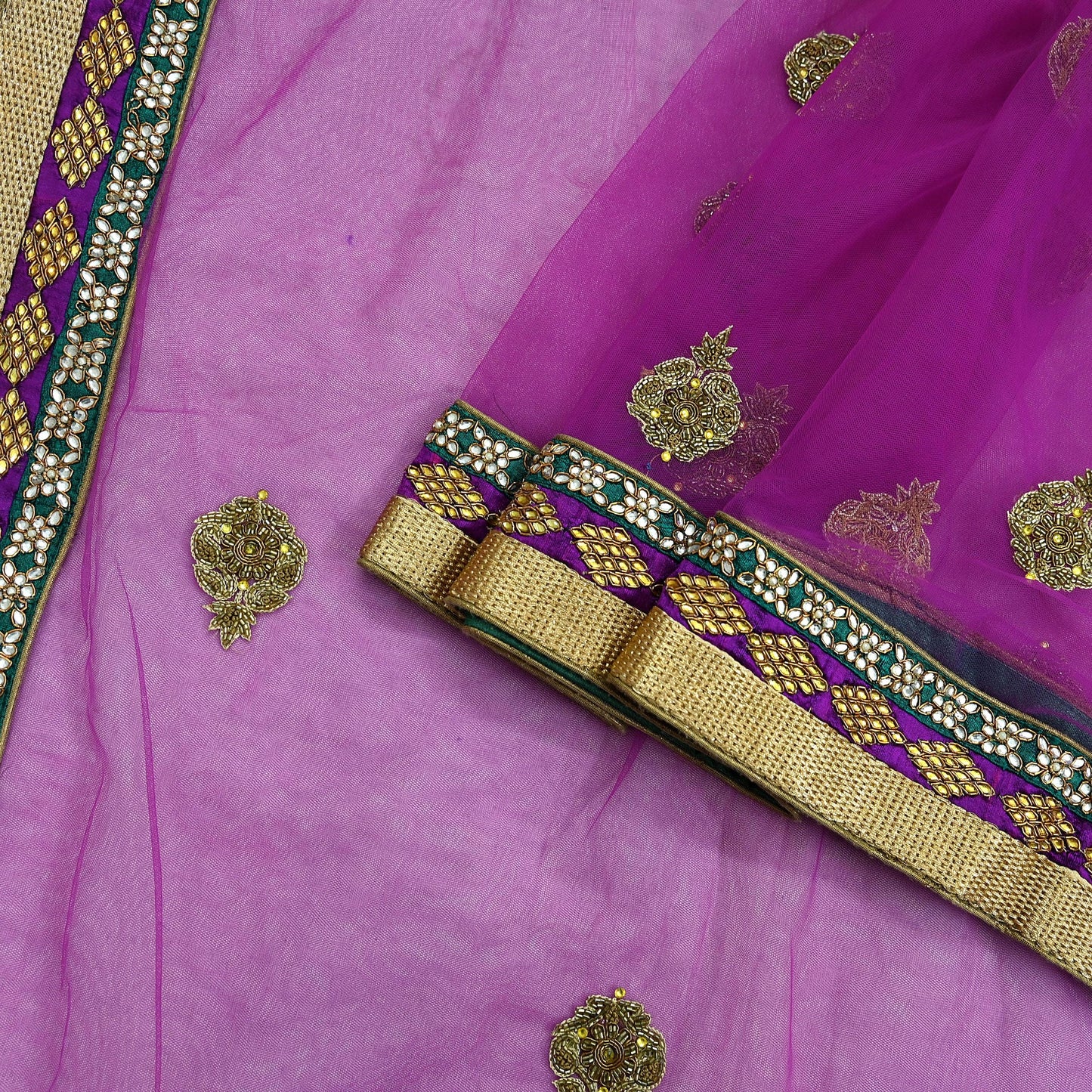 Indian Vintage Purple Net Saree | Heavy Hand Embroidery |5 Yards Soft Mesh Fabric | Includes Blouse & Ideal for Crafting Wedding Wear