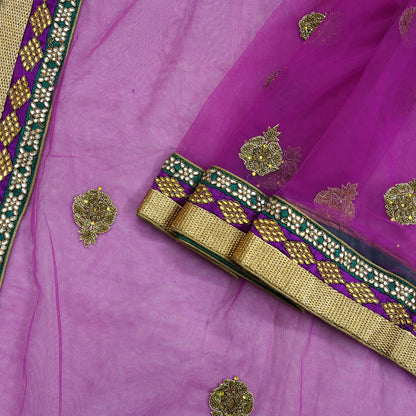 Indian Vintage Purple Net Saree | Heavy Hand Embroidery |5 Yards Soft Mesh Fabric | Includes Blouse & Ideal for Crafting Wedding Wear