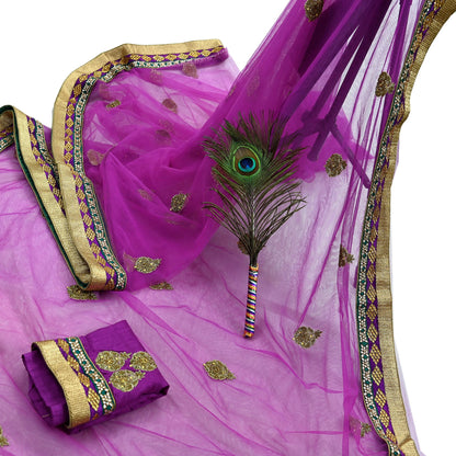Indian Vintage Purple Net Saree | Heavy Hand Embroidery |5 Yards Soft Mesh Fabric | Includes Blouse & Ideal for Crafting Wedding Wear