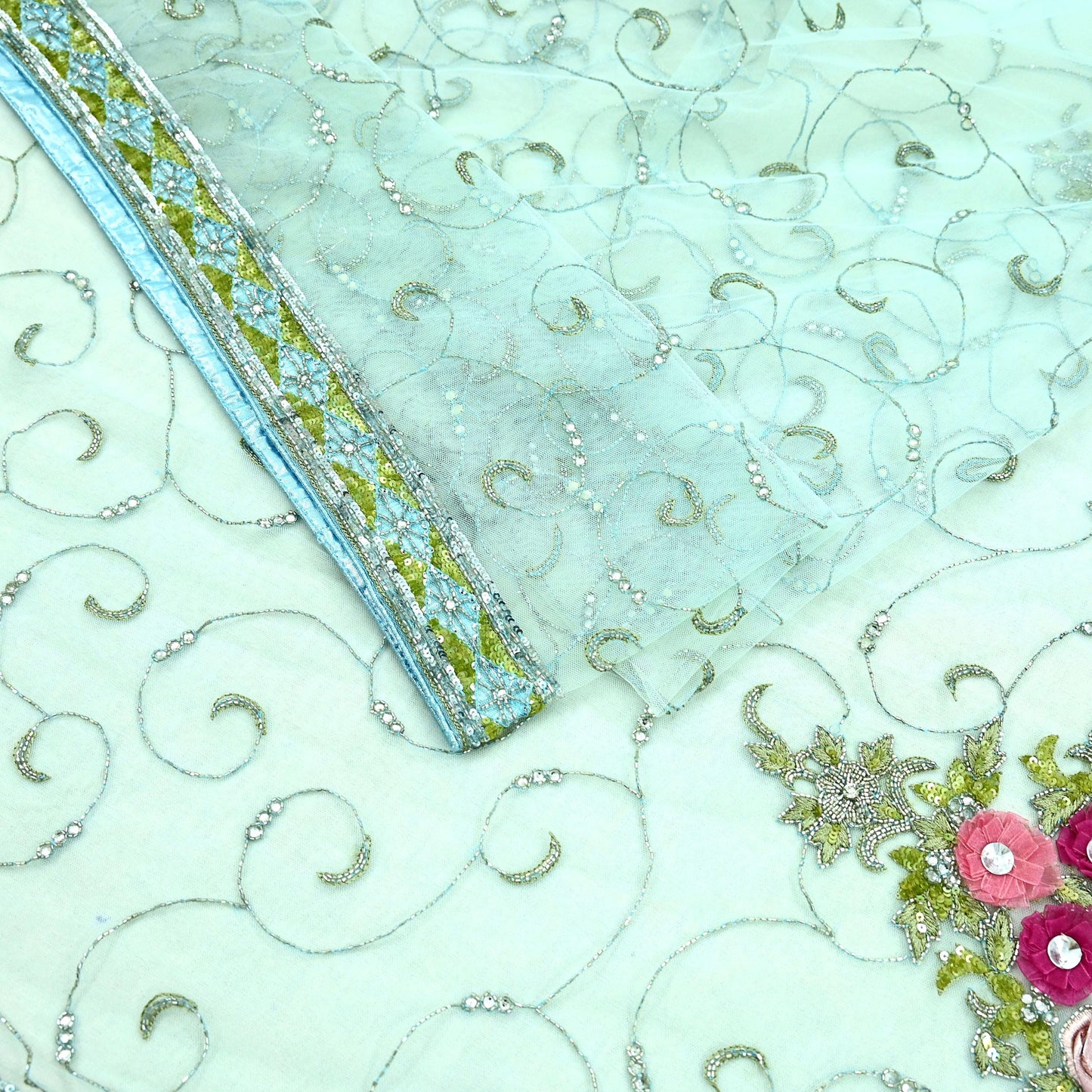 Indian Vintage Sea Green Net Saree | Heavy Hand Embroidery |6 Yards Soft Mesh Fabric | Includes Blouse & Ideal for Crafting Wedding Wear