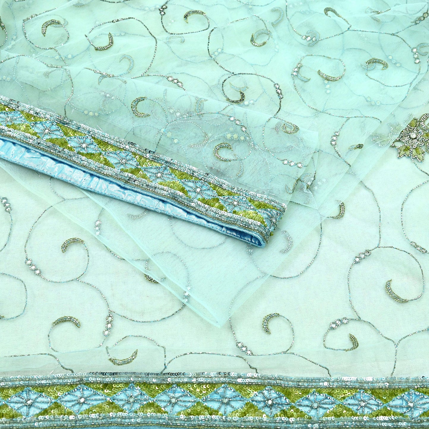 Indian Vintage Sea Green Net Saree | Heavy Hand Embroidery |6 Yards Soft Mesh Fabric | Includes Blouse & Ideal for Crafting Wedding Wear