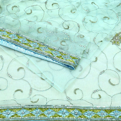 Indian Vintage Sea Green Net Saree | Heavy Hand Embroidery |6 Yards Soft Mesh Fabric | Includes Blouse & Ideal for Crafting Wedding Wear
