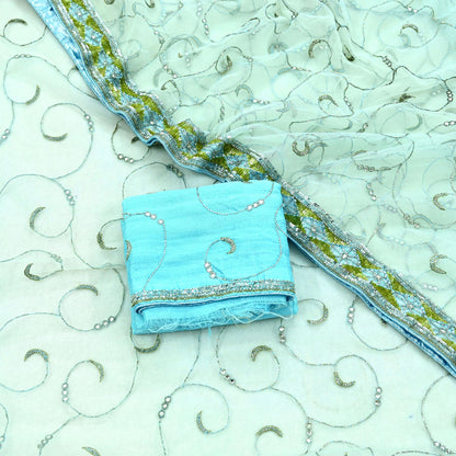 Indian Vintage Sea Green Net Saree | Heavy Hand Embroidery |6 Yards Soft Mesh Fabric | Includes Blouse & Ideal for Crafting Wedding Wear