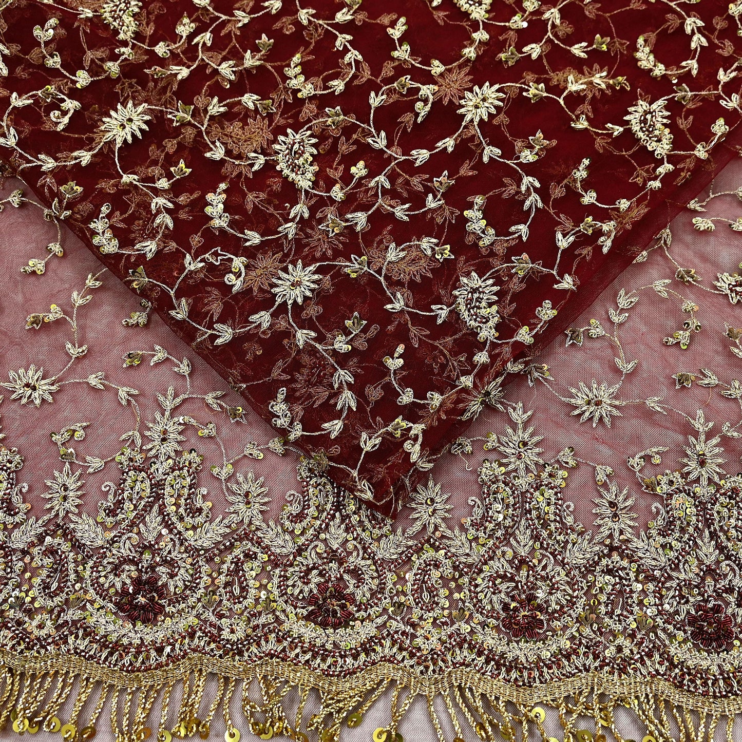 Indian Vintage Heavy Sari Maroon Net/Mesh Hand Embroidered Sarees Craft Fabric 6Yd Sewing Soft Zardozi/Dabka Zari Sequins Wedding sarees
