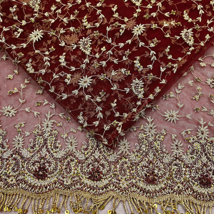 Indian Vintage Heavy Sari Maroon Net/Mesh Hand Embroidered Sarees Craft Fabric 6Yd Sewing Soft Zardozi/Dabka Zari Sequins Wedding sarees