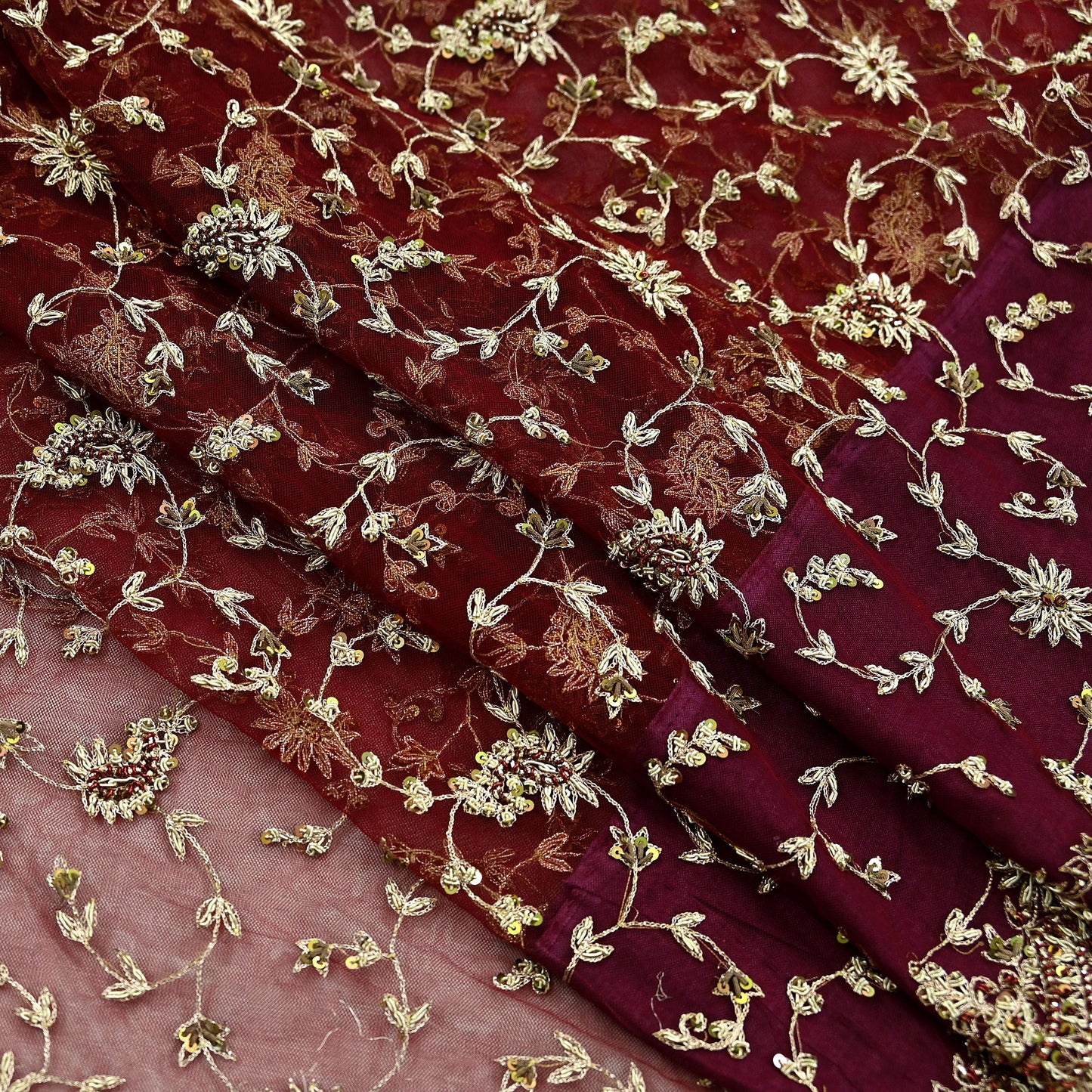 Indian Vintage Heavy Sari Maroon Net/Mesh Hand Embroidered Sarees Craft Fabric 6Yd Sewing Soft Zardozi/Dabka Zari Sequins Wedding sarees