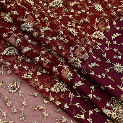 Indian Vintage Heavy Sari Maroon Net/Mesh Hand Embroidered Sarees Craft Fabric 6Yd Sewing Soft Zardozi/Dabka Zari Sequins Wedding sarees