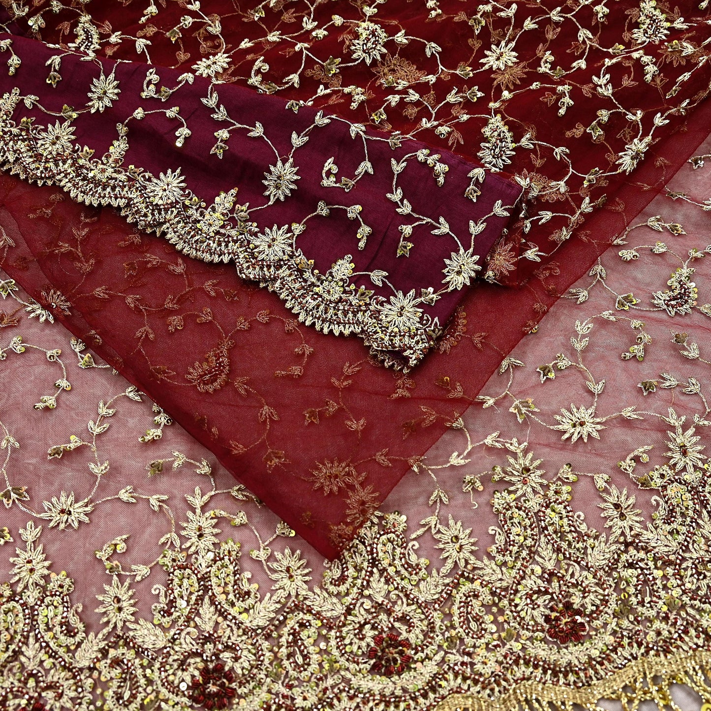 Indian Vintage Heavy Sari Maroon Net/Mesh Hand Embroidered Sarees Craft Fabric 6Yd Sewing Soft Zardozi/Dabka Zari Sequins Wedding sarees