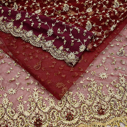Indian Vintage Heavy Sari Maroon Net/Mesh Hand Embroidered Sarees Craft Fabric 6Yd Sewing Soft Zardozi/Dabka Zari Sequins Wedding sarees