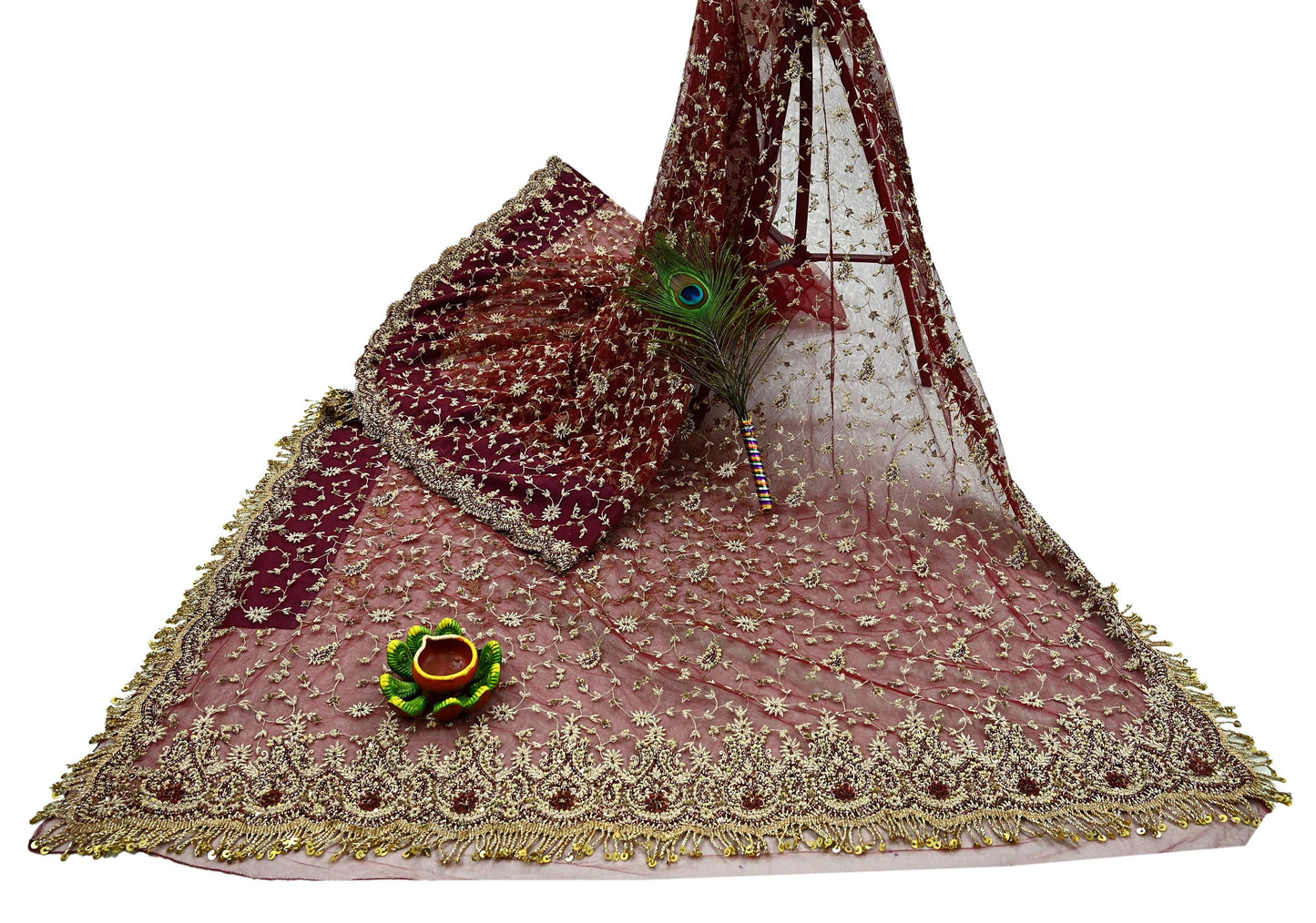 Indian Vintage Heavy Sari Maroon Net/Mesh Hand Embroidered Sarees Craft Fabric 6Yd Sewing Soft Zardozi/Dabka Zari Sequins Wedding sarees