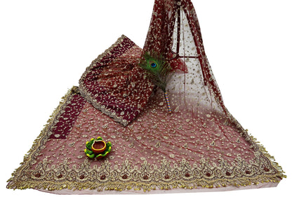 Indian Vintage Heavy Sari Maroon Net/Mesh Hand Embroidered Sarees Craft Fabric 6Yd Sewing Soft Zardozi/Dabka Zari Sequins Wedding sarees