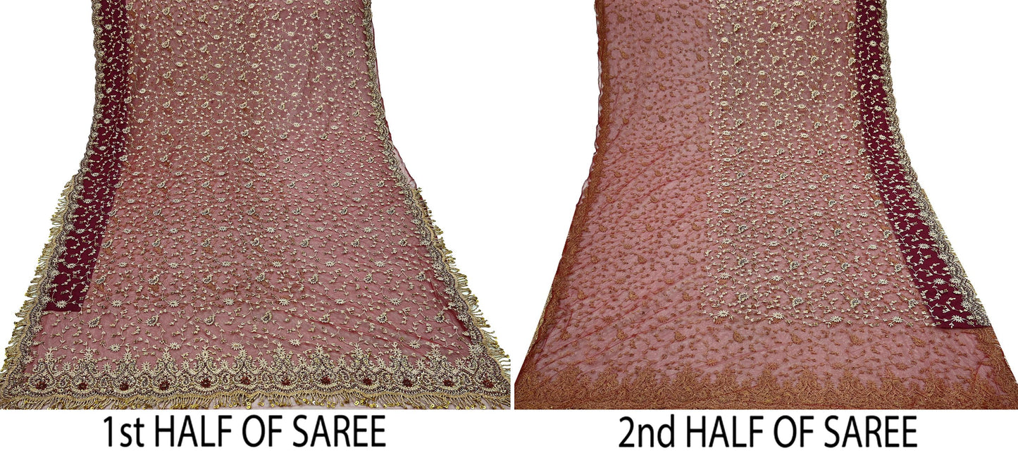 Indian Vintage Heavy Sari Maroon Net/Mesh Hand Embroidered Sarees Craft Fabric 6Yd Sewing Soft Zardozi/Dabka Zari Sequins Wedding sarees
