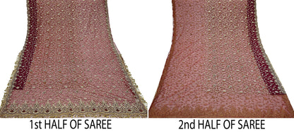 Indian Vintage Heavy Sari Maroon Net/Mesh Hand Embroidered Sarees Craft Fabric 6Yd Sewing Soft Zardozi/Dabka Zari Sequins Wedding sarees