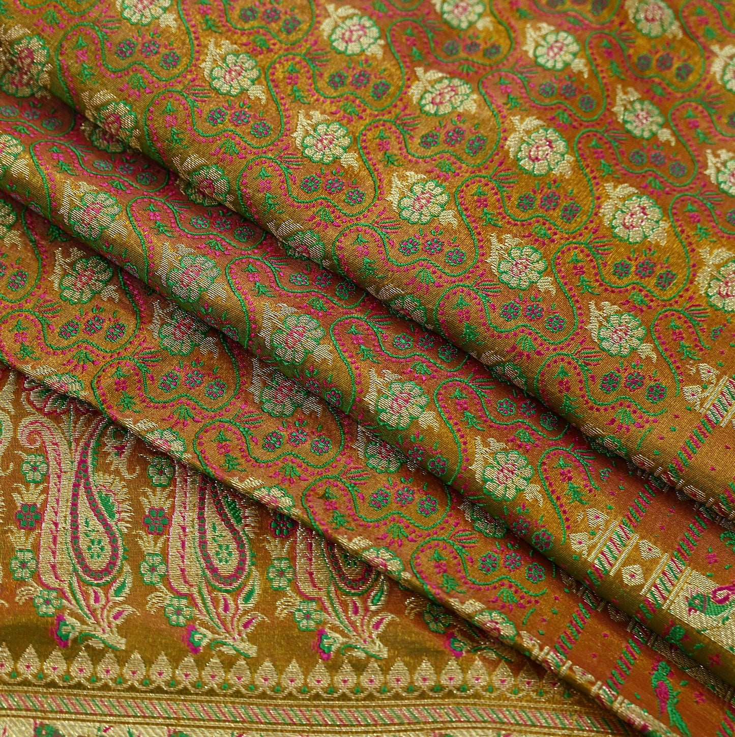 Indian Vintage Sari Saffron Heavy Wedding Artificial Silk Woven Brocade Banarasi Sarees Ethnic Zari 5Yd Dress Making Bollywood Sari Crafting