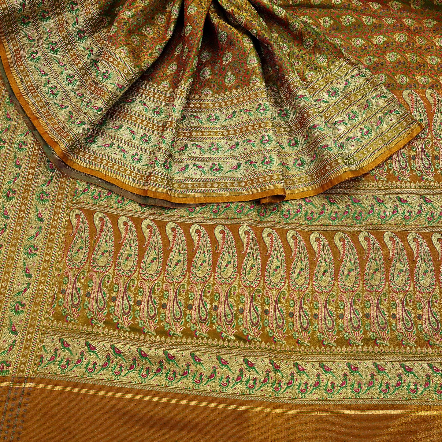 Indian Vintage Sari Saffron Heavy Wedding Artificial Silk Woven Brocade Banarasi Sarees Ethnic Zari 5Yd Dress Making Bollywood Sari Crafting