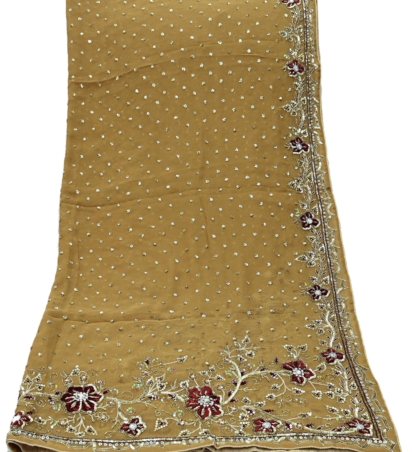 Indian Vintage Beige Dupatta Pure Georgette silk Long Stole Hand Embroidered Scarves Stole Veil Wrap Sequins