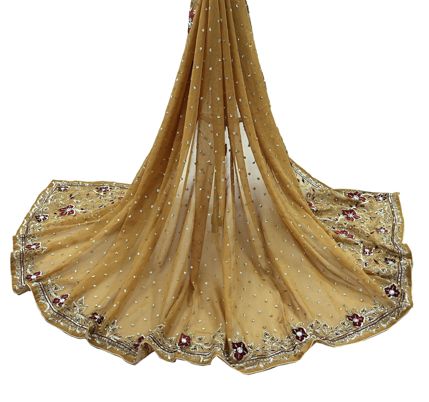 Indian Vintage Beige Dupatta Pure Georgette silk Long Stole Hand Embroidered Scarves Stole Veil Wrap Sequins