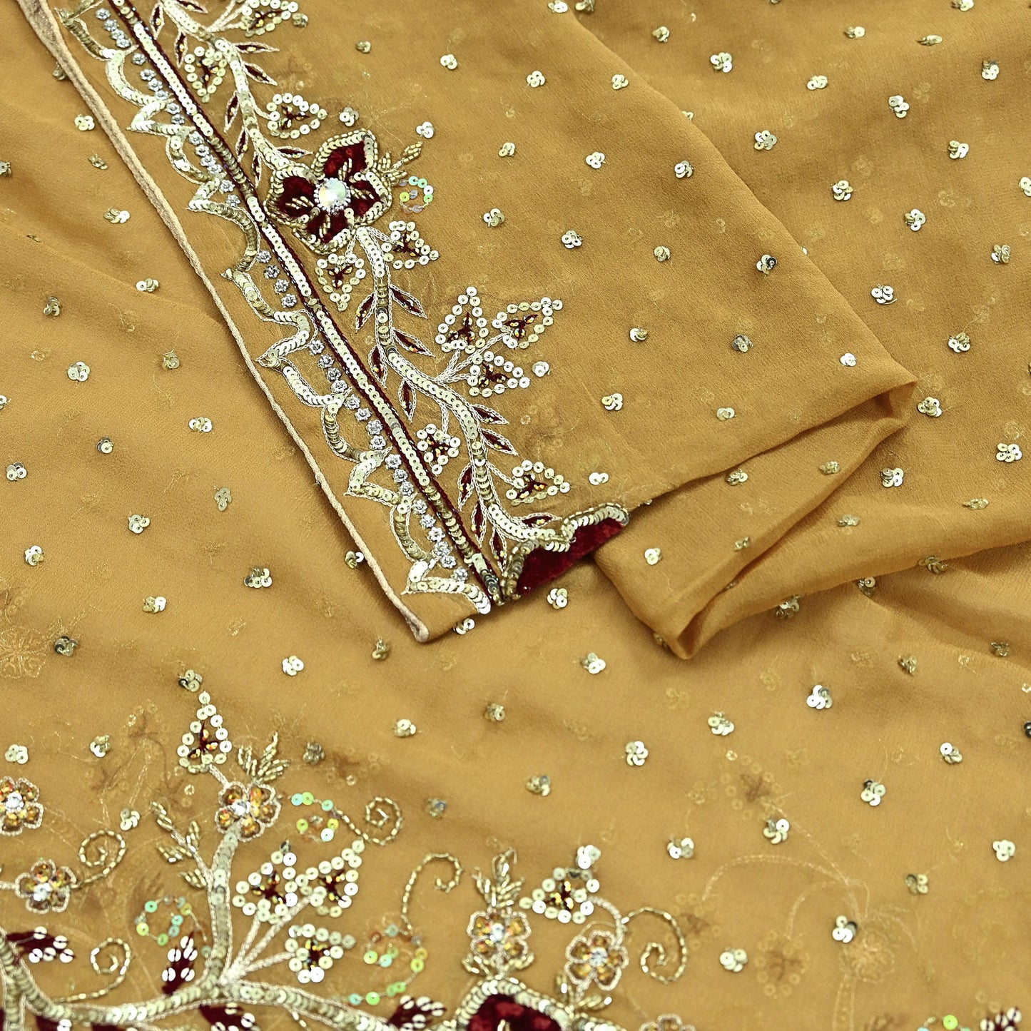 Indian Vintage Beige Dupatta Pure Georgette silk Long Stole Hand Embroidered Scarves Stole Veil Wrap Sequins