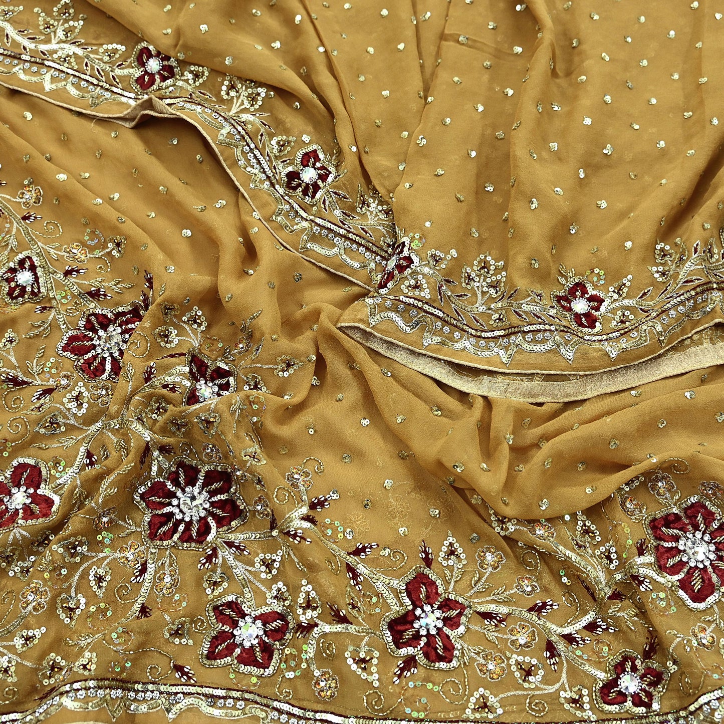 Indian Vintage Beige Dupatta Pure Georgette silk Long Stole Hand Embroidered Scarves Stole Veil Wrap Sequins